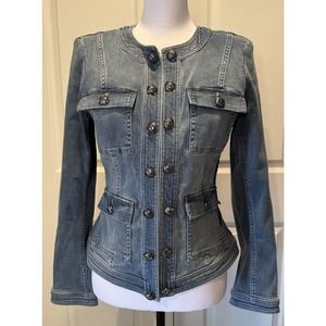 White House Black Market Womens 6 Blue Denim Military Jacket Hook Closure NWT
